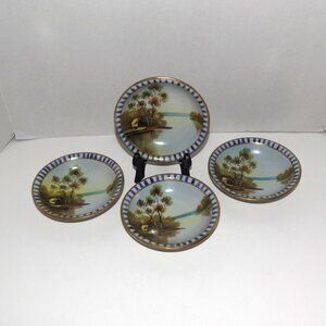 Set of 4 Vintage Made in Japan Lake Scene Gold Moriage Trim Dessert Bowls